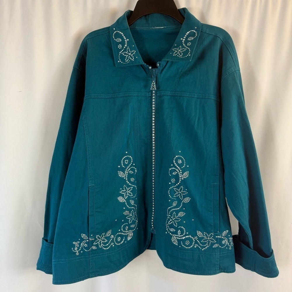Women jacket Teal Embellished Jacket front zipper, rhinestone details 2 pockets